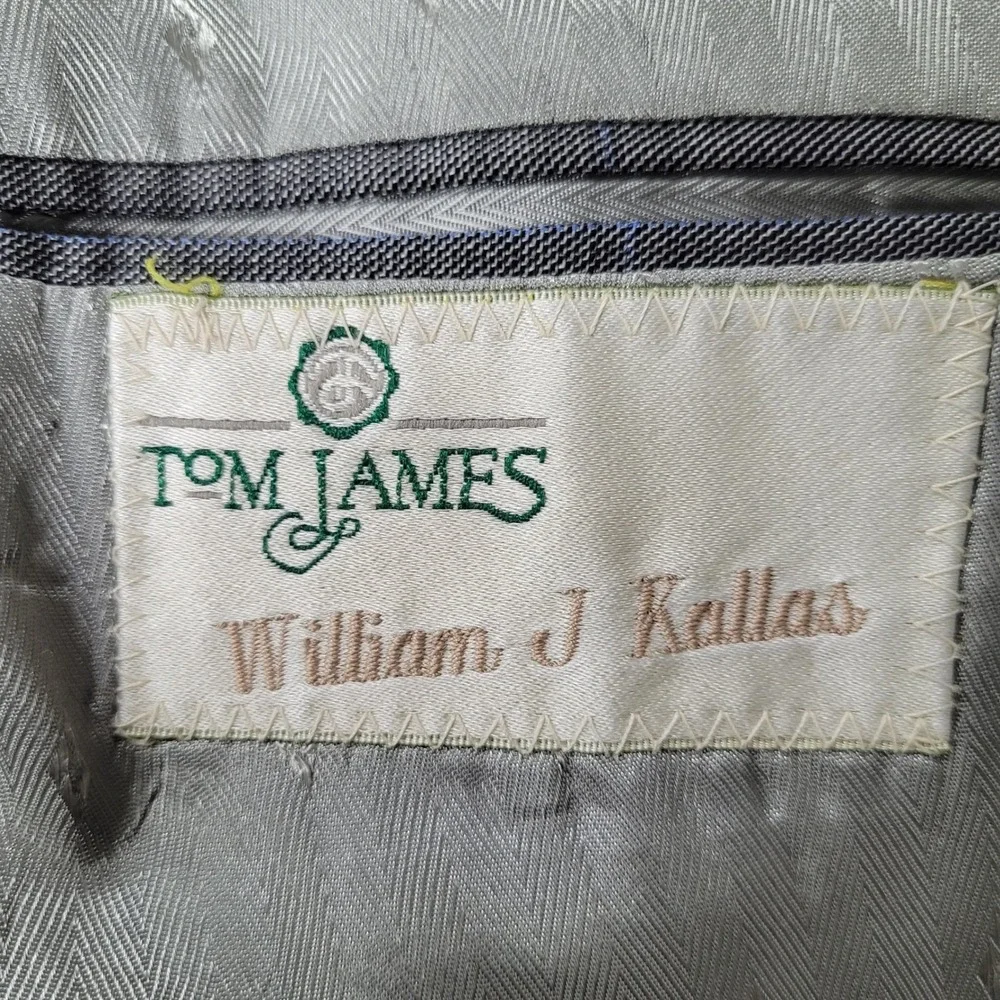 TOM JAMES Mens Gray Plaid Wool Blend Suit Jacket‎ Blazer 42R Custom Tailored USA